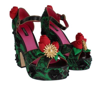 Green Brocade Snakeskin Roses Crystal Shoes Platforme