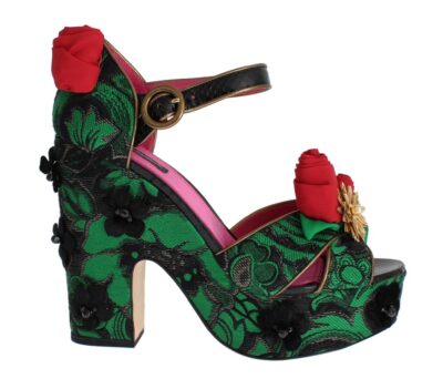 Green Brocade Snakeskin Roses Crystal Shoes Platforme