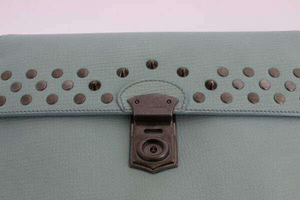 Blue Leather Studded Document Portfolio Briefcase Bag Accesorii din piele