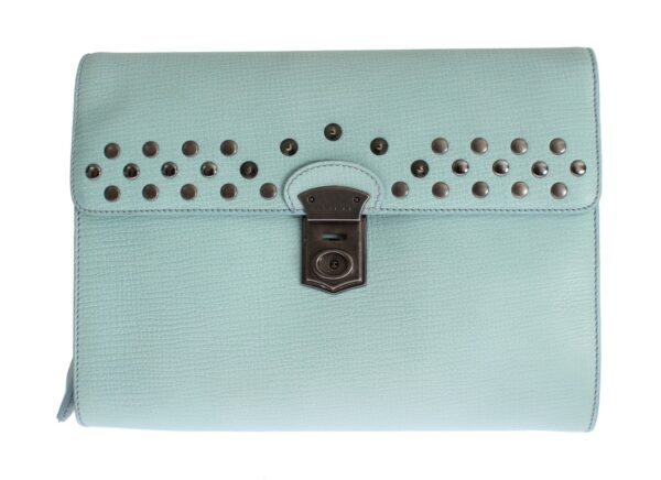 Blue Leather Studded Document Portfolio Briefcase Bag Accesorii din piele
