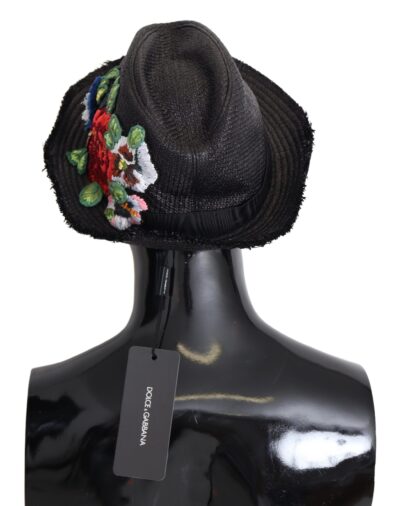 Black Floral Patch Nylon Fedora Capello Hat Accesorii