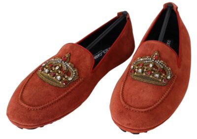Orange Leather Crystal Crown  Loafers Shoes Mocasini