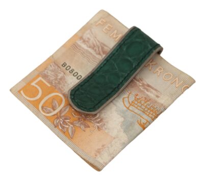 Green Leather Silver Brass Mens Cash Clasp Money Clip Agrafe pentru bani