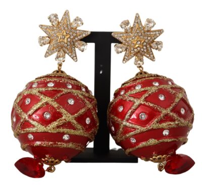 Christmas Ball Red Heart Crystal Gold Clip On Earrings Cercei