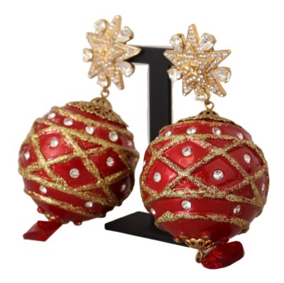 Christmas Ball Red Heart Crystal Gold Clip On Earrings Cercei