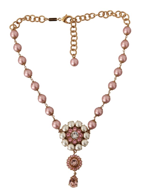 Pink Faux Pearl Teardrop Rhinestones Pendant  Necklace Coliere