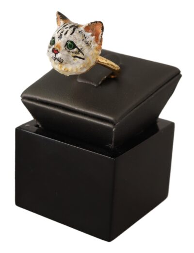 Gold Brass Resin Beige Bengal Cat Ring Inele