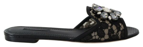 Black Taormina Lace Slides Crystals Flats Shoes Papuci