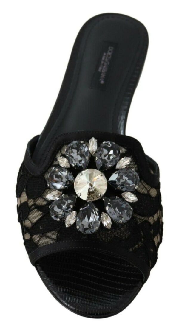Black Taormina Lace Slides Crystals Flats Shoes Papuci