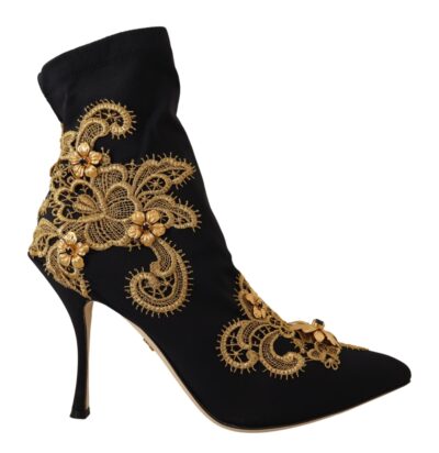 Black Textile Embroidery Ankle Boots Shoes Cizme