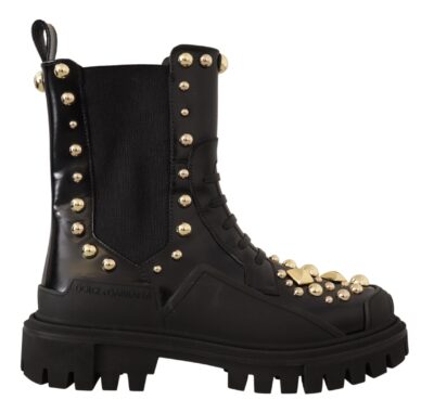 Black Leather Studded Combat Boots Shoes Cizme