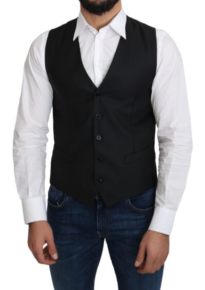 Gray Wool Elastan Formal Coat Vest Veste