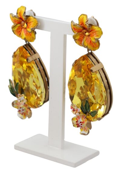 Yellow Crystal Floral Gold Tone Brass Clip On  Earrings Cercei